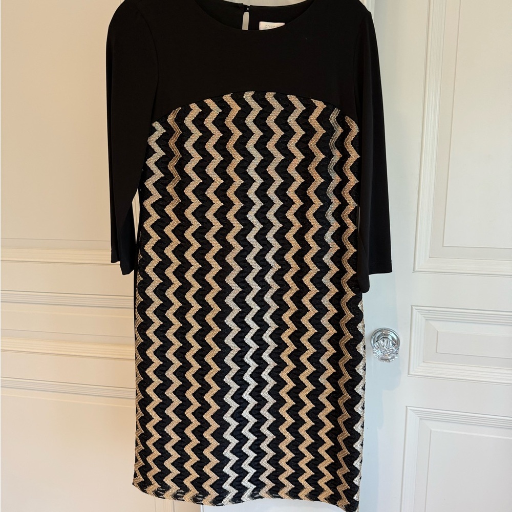 Chico's Black Dress with Gold and Silver Chevron Panel - Long Sleeve